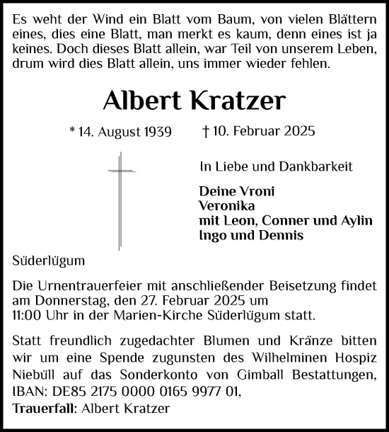 Traueranzeige von Albert Kratzer von Die WochenSchau Gesamtausgabe