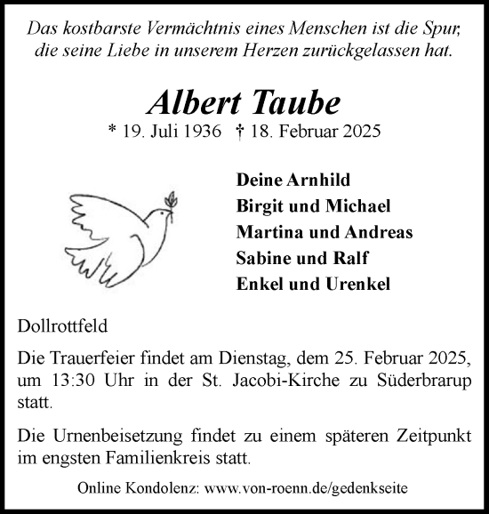 Traueranzeige von Albert Taube von Schleswiger Nachrichten, Schlei-Bote