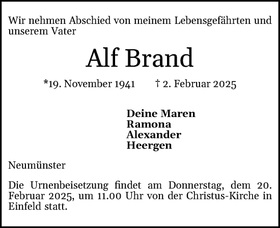 Traueranzeige von Alf Brand von Holsteinischer Courier