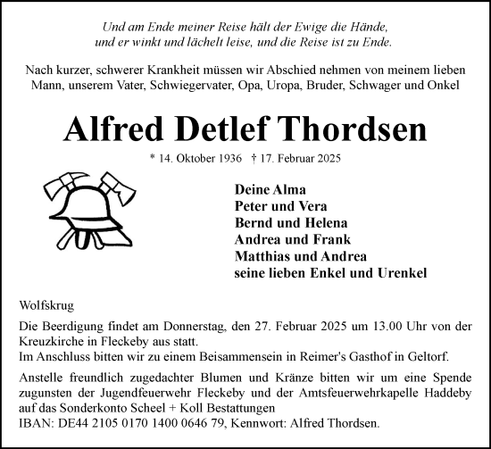 Traueranzeige von Alfred Detlef Thordsen von Eckernförder Zeitung, Hallo Eckernförde