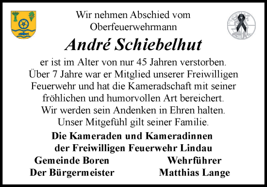 Traueranzeige von Andre Schiebelhut von Schleswiger Nachrichten, Schlei-Bote