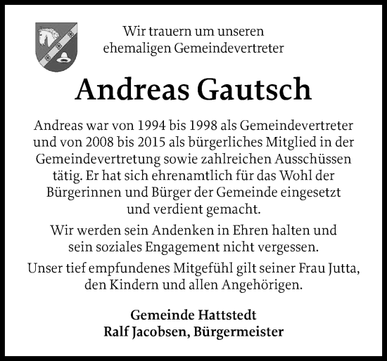Traueranzeige von Andreas Gautsch von Husumer Nachrichten, Nordfriesland Tageblatt