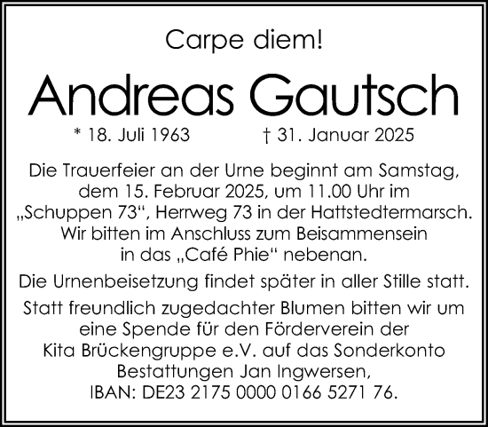 Traueranzeige von Andreas Gautsch von Husumer Nachrichten, Nordfriesland Tageblatt