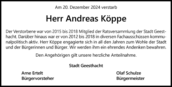 Traueranzeige von Andreas Köppe von Wochenend Anzeiger