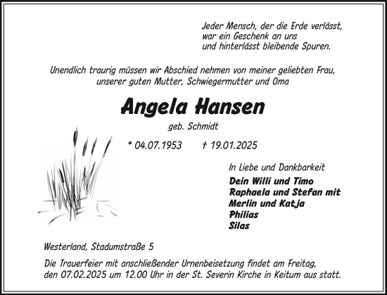 Traueranzeige von Angela Hansen von Sylter Rundschau