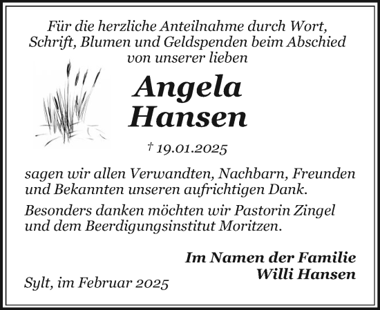 Traueranzeige von Angela Hansen von Sylter Rundschau