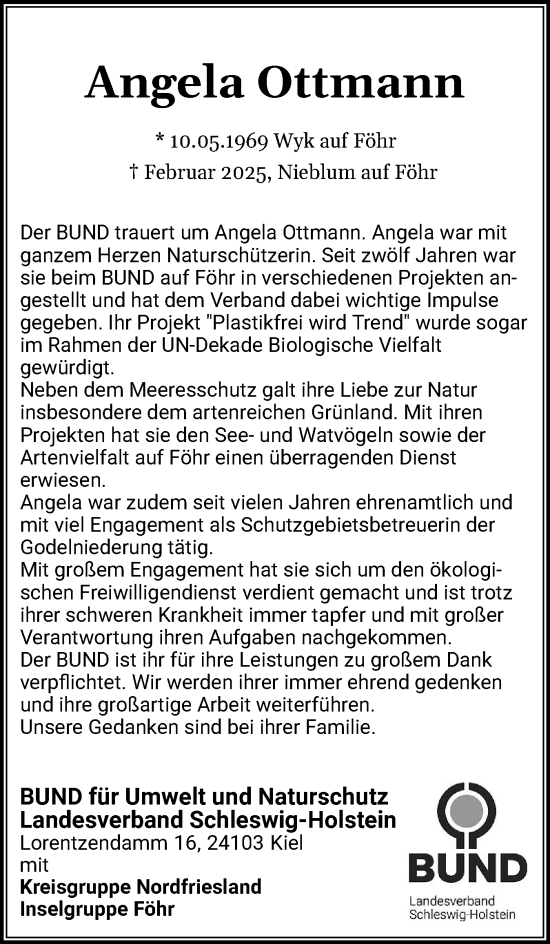 Traueranzeige von Angela Ottmann von Der Insel-Bote