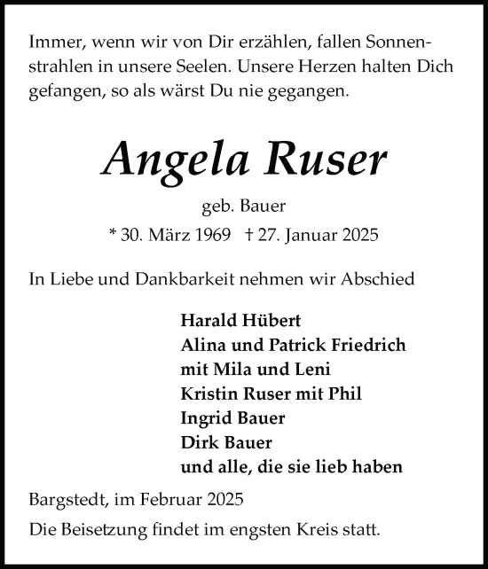 Traueranzeige von Angela Ruser von Schleswig-Holsteinische Landeszeitung