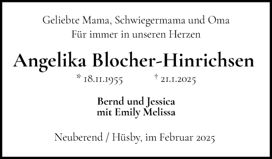 Traueranzeige von Angelika Blocher-Hinrichsen von Schleswiger Nachrichten, Schlei-Bote