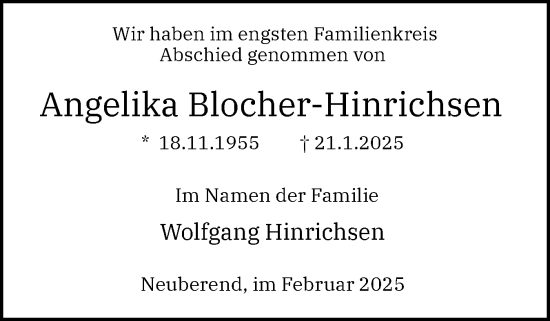 Traueranzeige von Angelika Blocher-Hinrichsen von Schleswiger Nachrichten, Schlei-Bote