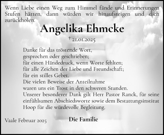 Traueranzeige von Angelika Ehmcke von Norddeutsche Rundschau, Wilstersche Zeitung, Glückstädter Fortuna