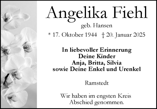 Traueranzeige von Angelika Fiehl von Husumer Nachrichten, Nordfriesland Tageblatt