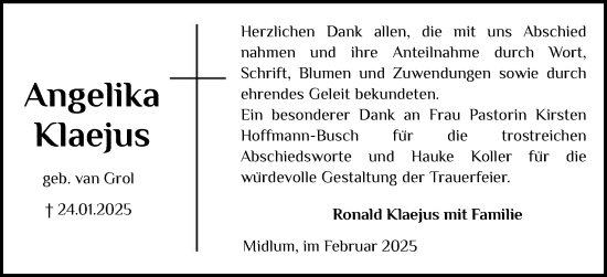 Traueranzeige von Angelika Klaejus von Der Insel-Bote