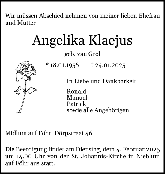 Traueranzeige von Angelika Klaejus von Der Insel-Bote