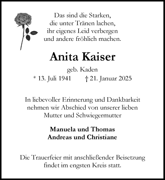 Traueranzeige von Anita Kaiser von MARKT Ahrensburg/Bargteheide/Trittau und Stormarner Tageblatt