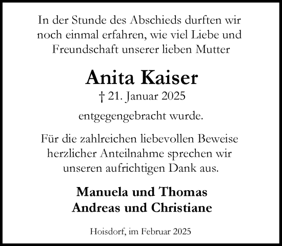 Traueranzeige von Anita Kaiser von MARKT Ahrensburg/Bargteheide/Trittau und Stormarner Tageblatt