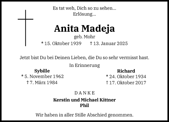 Traueranzeige von Anita Madeja von Region Pinneberg und tip Pinneberg