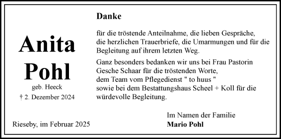 Traueranzeige von Anita Pohl von Eckernförder Zeitung, Hallo Eckernförde