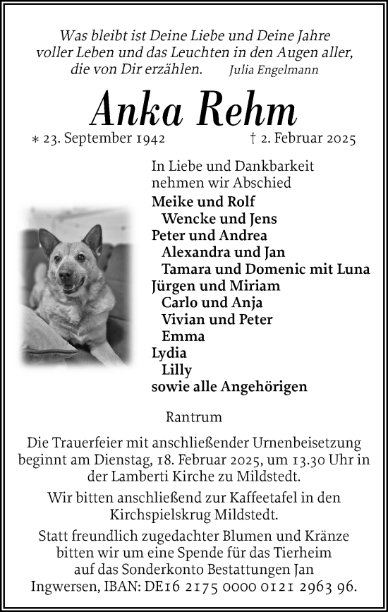 Traueranzeige von Anka Rehm von Husumer Nachrichten, Nordfriesland Tageblatt