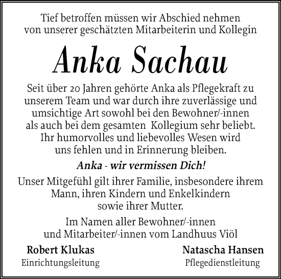 Traueranzeige von Anka Sachau von Husumer Nachrichten, Nordfriesland Tageblatt