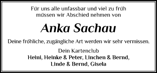 Traueranzeige von Anka Sachau von Husumer Nachrichten, Nordfriesland Tageblatt