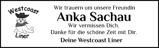 Traueranzeige von Anka Sachau von Husumer Nachrichten, Nordfriesland Tageblatt