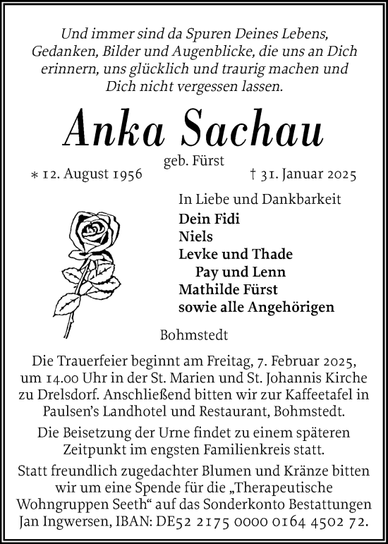 Traueranzeige von Anka Sachau von Husumer Nachrichten, Nordfriesland Tageblatt