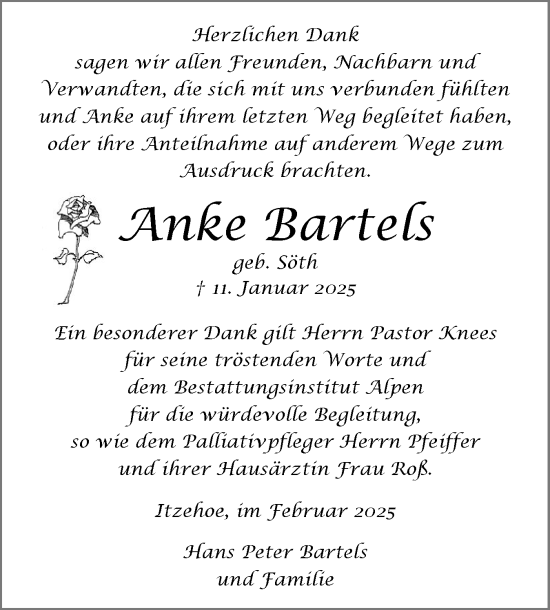 Traueranzeige von Anke Bartels von Norddeutsche Rundschau, Wilstersche Zeitung, Glückstädter Fortuna