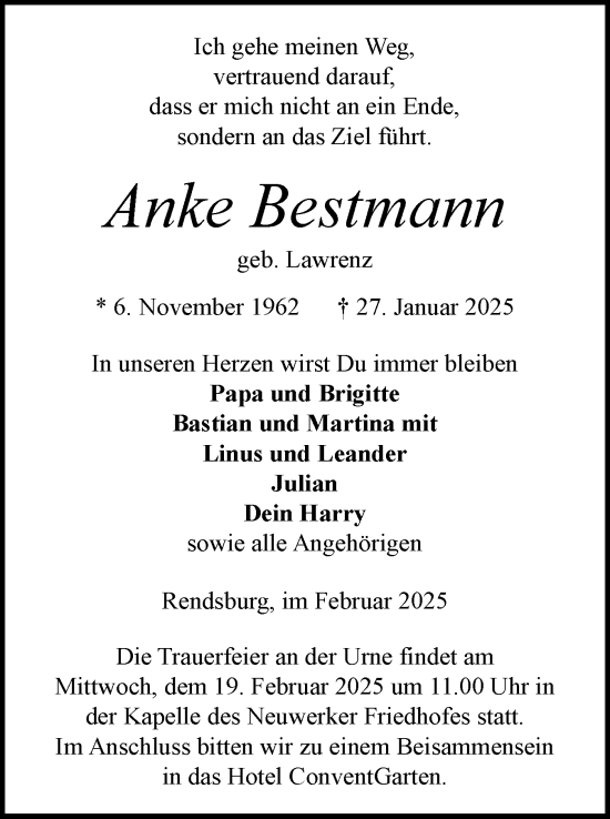 Traueranzeige von Anke Bestmann von Schleswig-Holsteinische Landeszeitung