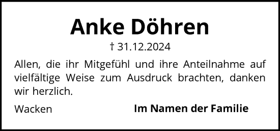 Traueranzeige von Anke Döhren von Norddeutsche Rundschau, Wilstersche Zeitung, Glückstädter Fortuna