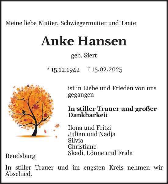 Traueranzeige von Anke Hansen von Der Insel-Bote