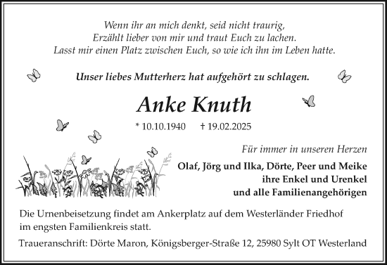 Traueranzeige von Anke Knuth von Sylter Rundschau