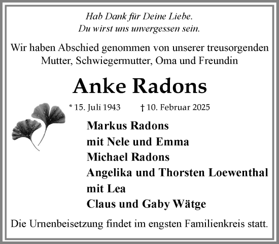 Traueranzeige von Anke Radons von MARKT Ratzeburg/Mölln