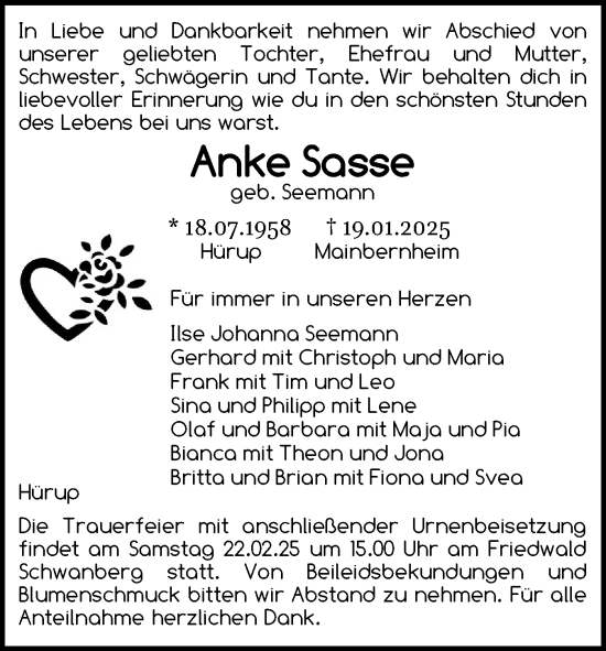 Traueranzeige von Anke Sasse von Flensburger Tageblatt