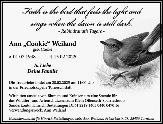 Traueranzeige von Ann Weiland von Uetersener Nachrichten, Der tip am Wochenende