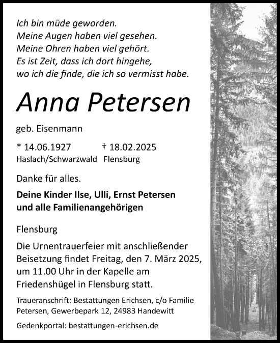Traueranzeige von Anna Petersen von Flensburger Tageblatt