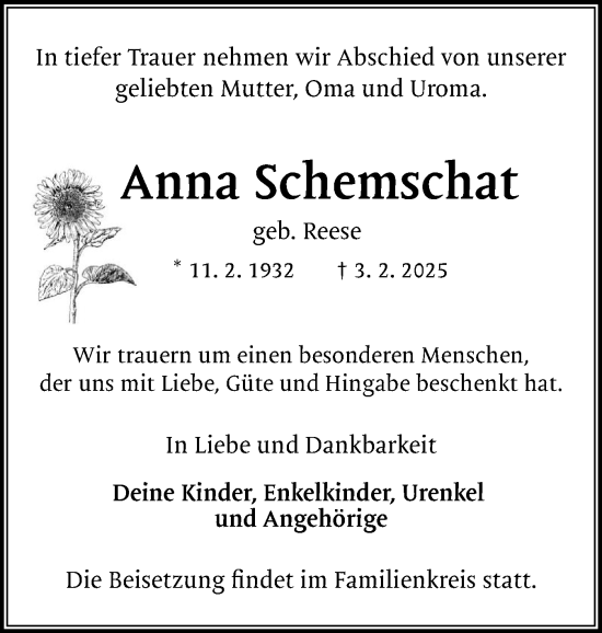 Traueranzeige von Anna Schemschat von Region Pinneberg und tip Pinneberg
