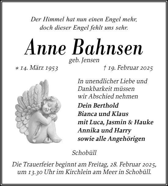 Traueranzeige von Anne Bahnsen von Husumer Nachrichten, Nordfriesland Tageblatt