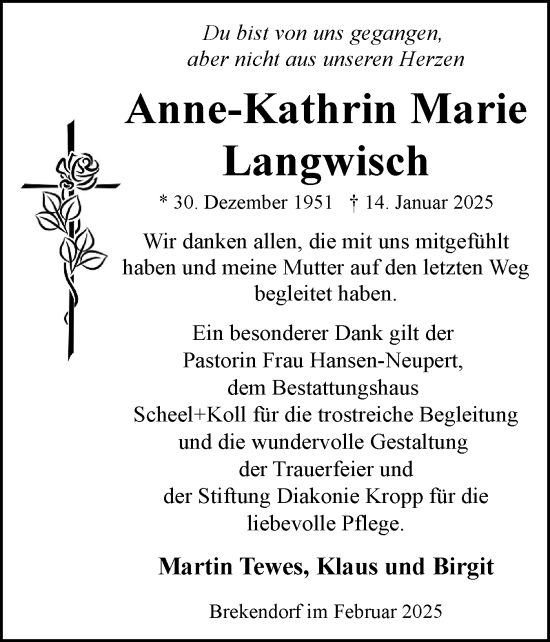 Traueranzeige von Anne-Kathrin Marie Langwisch von Schleswig-Holsteinische Landeszeitung