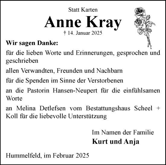 Traueranzeige von Anne Kray von Eckernförder Zeitung, Hallo Eckernförde