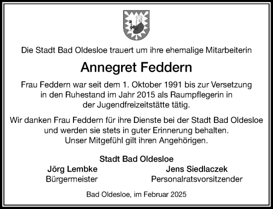 Traueranzeige von Annegret Feddern von MARKT Bad Oldesloe/Reinfeld und Stormarner Tageblatt