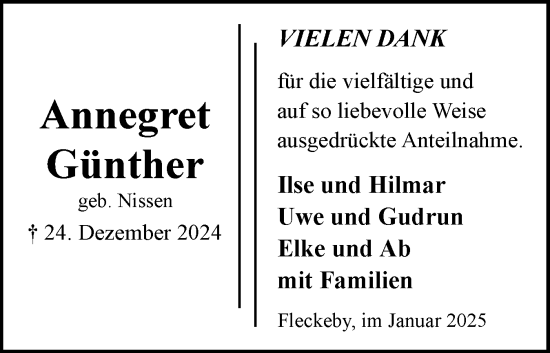 Traueranzeige von Annegret Günther von Eckernförder Zeitung, Hallo Eckernförde