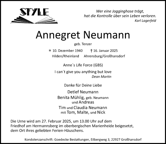 Traueranzeige von Annegret Neumann von MARKT Ahrensburg/Bargteheide/Trittau und Stormarner Tageblatt