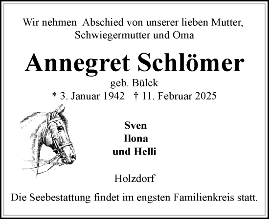 Traueranzeige von Annegret Schlömer von Eckernförder Zeitung, Hallo Eckernförde
