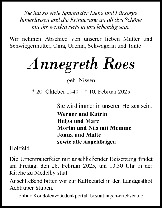 Traueranzeige von Annegreth Roes von Region Flensburg