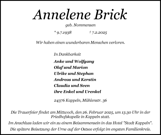 Traueranzeige von Annelene Brick von Schleswiger Nachrichten, Schlei-Bote