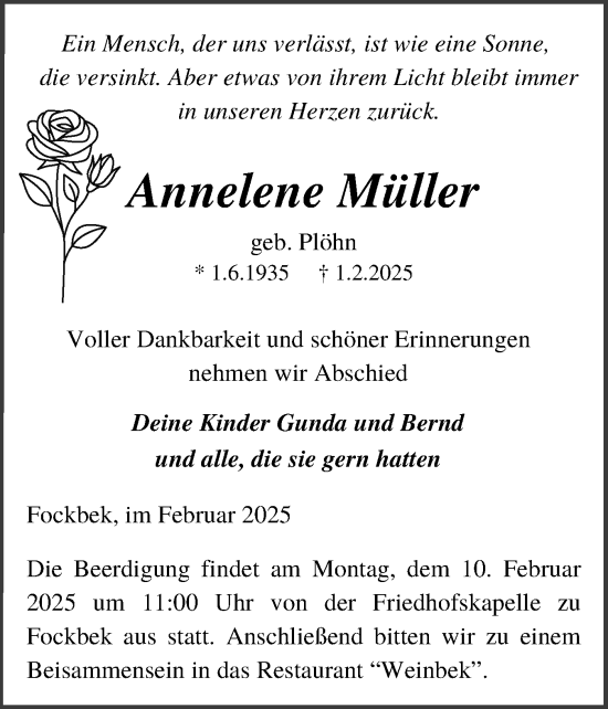 Traueranzeige von Annelene Müller von Schleswig-Holsteinische Landeszeitung