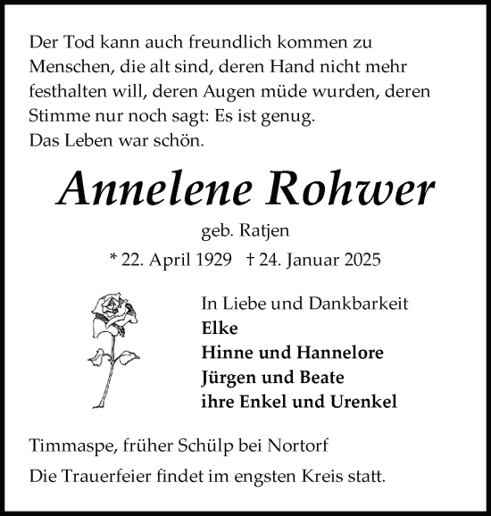 Traueranzeige von Annelene Rohwer von Schleswig-Holsteinische Landeszeitung
