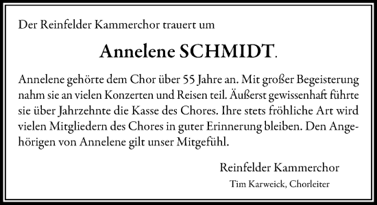 Traueranzeige von Annelene Schmidt von MARKT Bad Oldesloe/Reinfeld und Stormarner Tageblatt