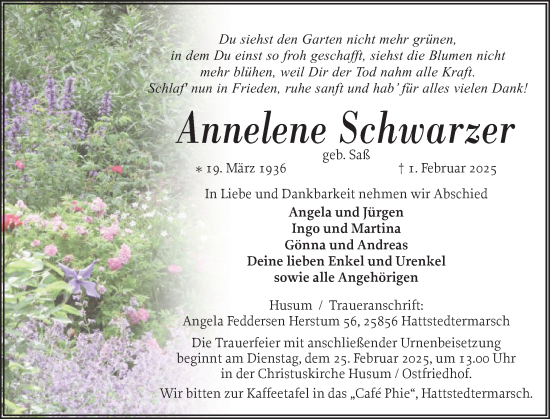 Traueranzeige von Annelene Schwarzer von Husumer Nachrichten, Nordfriesland Tageblatt